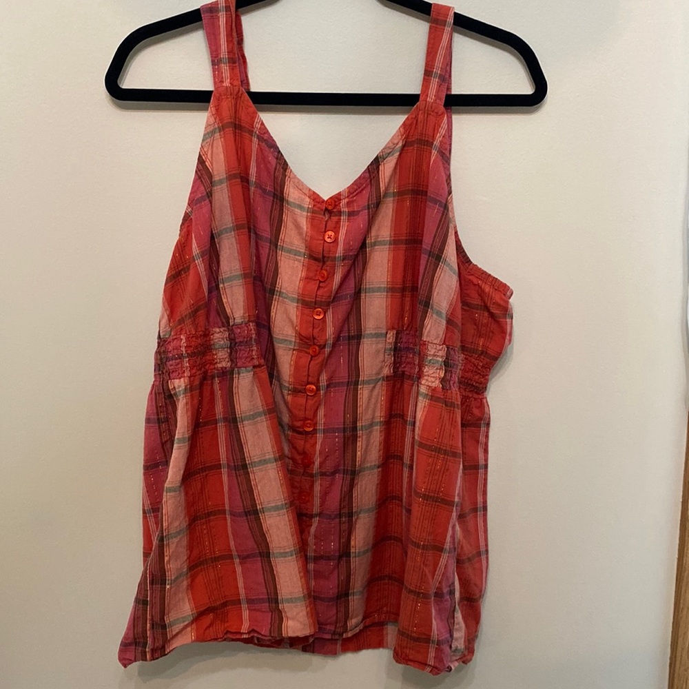 Red/pink/sparkly gold/ plaid tank top with adjustable straps.